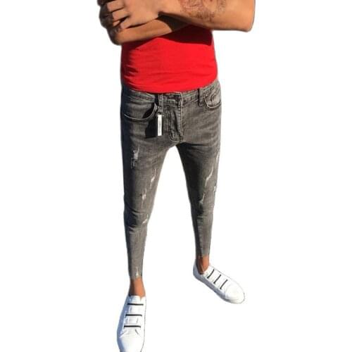Wholesale 2020 Fashion Casual hip hop denim handsome jeans male feet Korean skinny stretch grey guy ankle length pencil pants