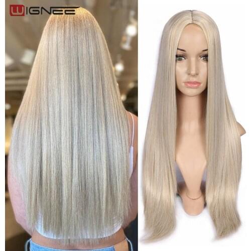 Wignee Long Natural Straight Wig Blonde Middle Part Cosplay Party Lolita Synthetic Wigs for Women Heat Resistant Fiber