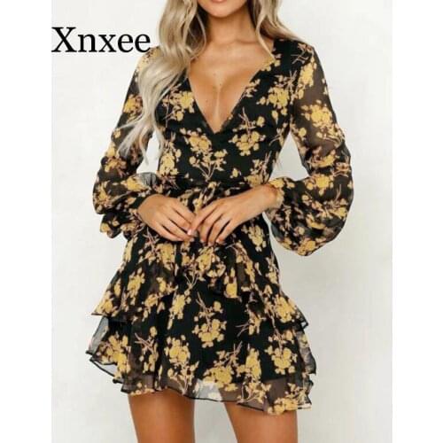 Dress Womens Floral Leaf Printed Lantern Sleeve Empire Dresses Ladies Summer Beach Casual Mini Dress women picnic flower sashes