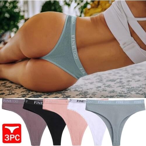 FINETOO 3PCS/Set M-XL Womens Thong Cotton Female Underpants Letter Waist Underwear Sexy G-string Brief Woman Lingerie