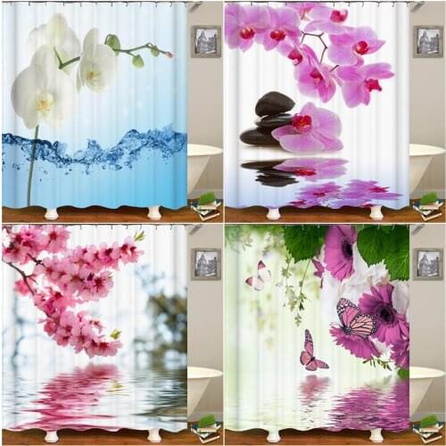 Colorful Orchid Lotus Flowers Trees Shower Curtains Bathroom Curtains Nature Floral Waterproof Polyeste Fabric Bathtub Decor Set