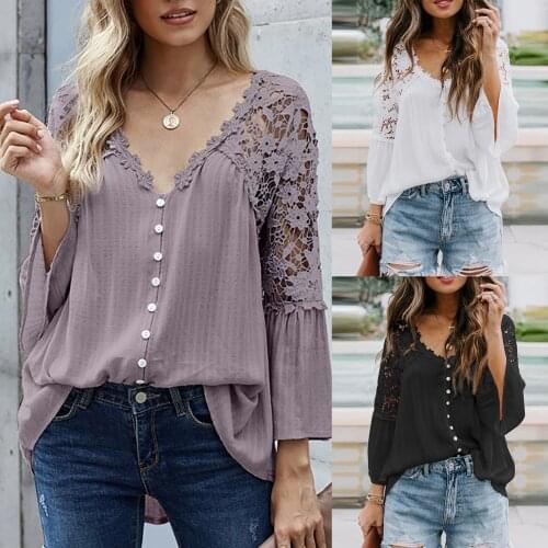 Petal Sleeve Hollow Out Flower Lace Patchwork Shirt Women Sexy V Neck All-match Streetwear Button Shirt Fashion Casual White Top