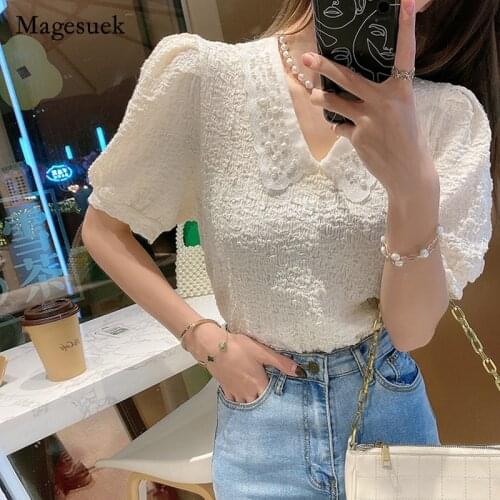 Korean Style Spring Summer 2021 Sweet Bubble Short Sleeve Pleated Shirt Fashion Women Tops Female Clothing Blusas De Seda 13665
