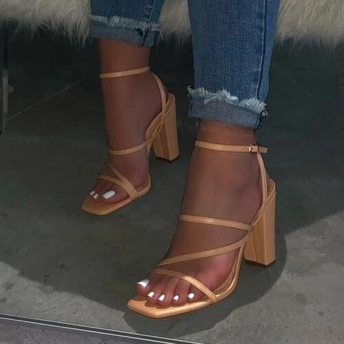 2021 Womens Fashion Sandals Heels Square Toe White Ankle Buckle Shoes Summer Ladies Outdoor Casual Female Party Footwear