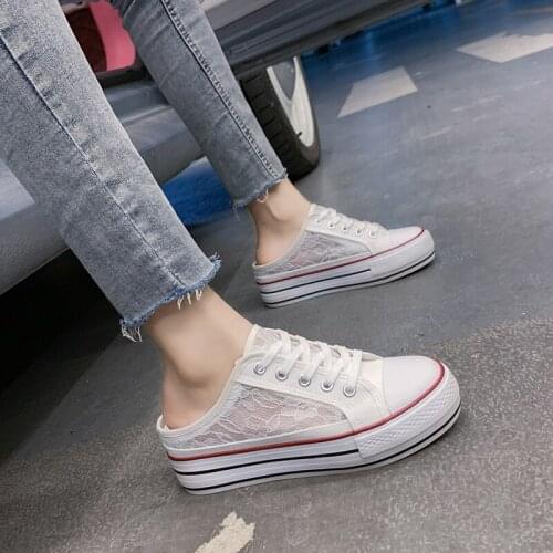 2021 Summer Fashion Canvas Women Hollow Shoes Womens Lace-up Casual Shoes Without Heel Half Support One Pedal Lazy Shoes