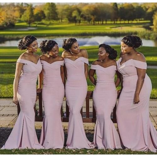 Elegant Long Off Shoulder Mermaid Pink Bridesmaid Dresses Pleated Floor Length Corset Back Satin Robes de Soirée for Women