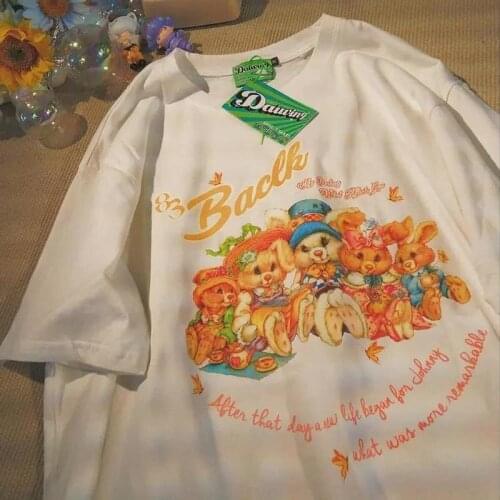 2021 Cute Cartoon Squirrel Graphic Tee Woman Tshirts Vintage Streetwear Teens O-neck Casual Summer Plus Size Tops Korean Fashion