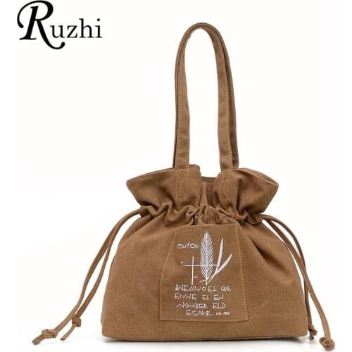 2021 Vintage Drawstring Bucket Bag Leisure Letter Handbag For Women Girls Solid Canvas Shoulder Bags High Quality Tote Bag Gifts