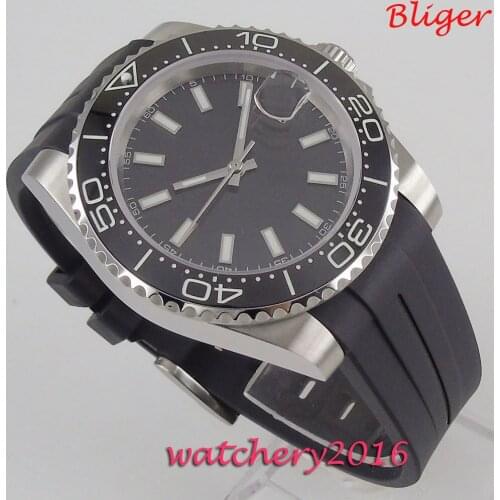 39mm Bliger sterile Dial Black Dial Sapphire Glass Luminous marks Rubber strap Date ceramic Bezel Automatic movement mens Watch