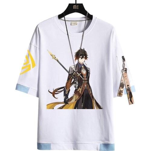 Genshin Impact ZhongLi Xiao Keqing Klee Manga cosplay Game Short Sleeve Cotton T-shirt Japan Tee Tops Oversized Clothes suit