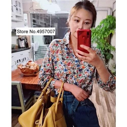 Elfbop Cotton Women Floral Printing Long Sleeve Lapel Blouse Shirt Top