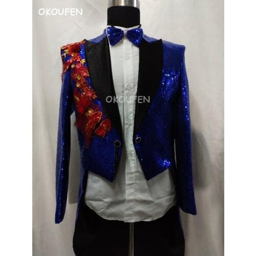 Personality Flower print Magic Royal Tuxedo suit Male singer Bar host stage costumes Mens Blue sequins Banquet Wedding dress