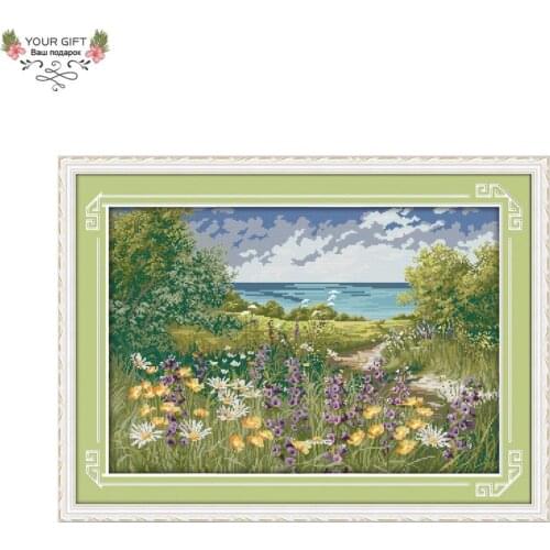 Your Gift F759 Free Shipping 14CT 11CT Counted and Stamped Home Decor Cliffside Path Needlepoints Embroidery Cross Stitch Kits