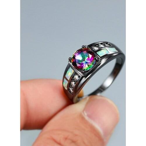 White Fire Opal Ring Mystic Rainbow Stone Round Zircon Ring Charm Fashion Black Gold Rings For Women Wedding Engagement Jewelry