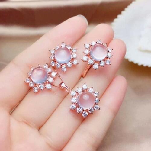 Natural Pink Crystal Hibiscus stone Ring Earrings Pendant Necklace Set 925 Silver Fine Fashion Jewelry for Women【FS Jewelry