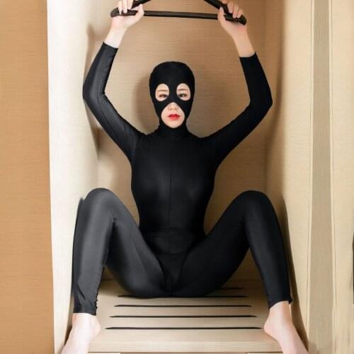 Cosplay Full Body Zipper Open Crotch Shiny Bodysuit Pantyhose Catsuit Sexy Pantyhose Erotic Lingerie With Mask For Women F33