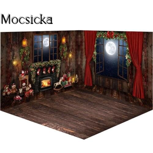 Mocsicka Polyester Christmas Photography Backdrop Forest Holly Jolly Christmas Window Cabin Photo Background Holiday Photoshoot