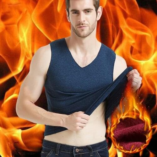 2pcs Set Mens V-neck Thermal Undershirts Solid Base Mens Warm Seamless Slimming Sleeveless Add Velvet Thickening Inner Shirt