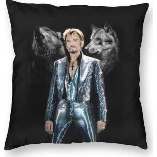 Johnny Hallyday With Wolf Cushion Cover 45x45 Decoration Print French Rock Singer Throw Pillow for Sofa Double-sided