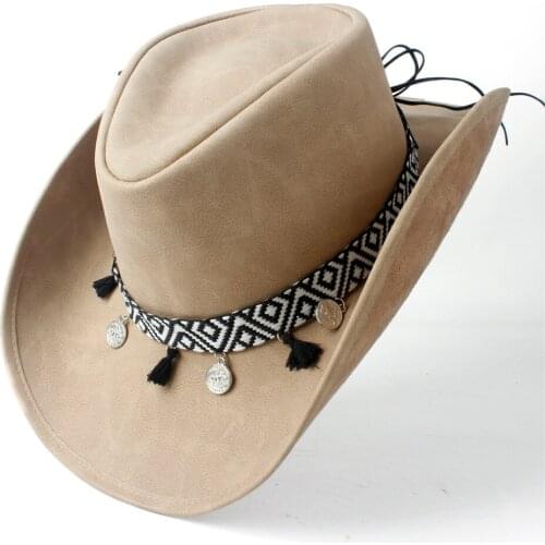 New Winter Hat Fashion Leather Hat For Men Women Leather Ribbon Large Brim Fedora Hat With Tassel