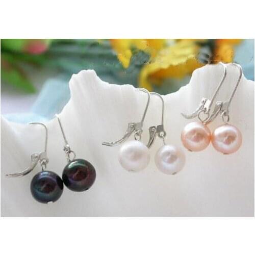 New Favorite Pearl Earring 3Pair 10mm Round Black White Pink Real Pearl S925 Silver Dangle Earrings Fine Jewelry Lady Gift