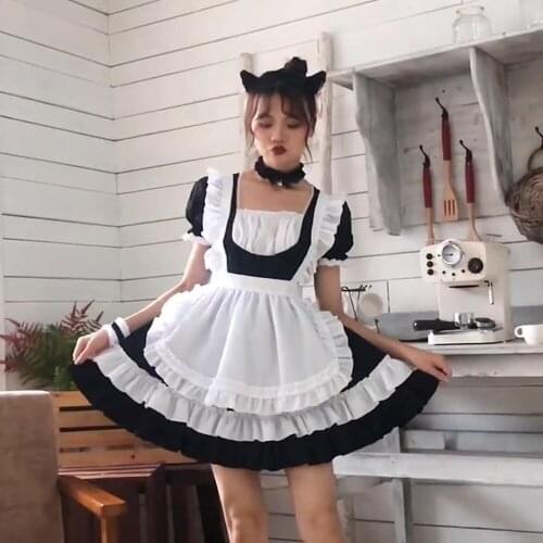 Coffee Shop Maid Clothes Japanese Lolita Dress Headwear Apron Cosplay Uniforms Set Female Cute Halloween Costumes Women