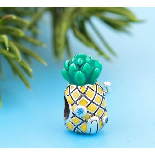 925 Sterling Silver Yellow Green Enamel Pineapple Beads Charms Fit Original Pandora Charm Bracelet Necklace for Jewelry Making