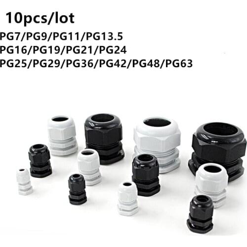 Waterproof Cable Gland 10pcs Cable entry IP68 PG7 for 3-6.5mm PG9 PG11 PG13.5 PG16 PG19/21/ White Black Nylon Plastic Connector