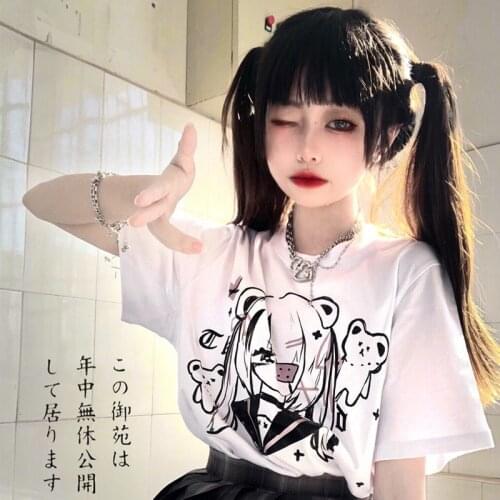 Y2k Japanese Kawaii Short-Sleeved Women T-Shirt Harajuku Cute O-Neck Top Girly Manga Print Tees Female Soft Sweet Clothing