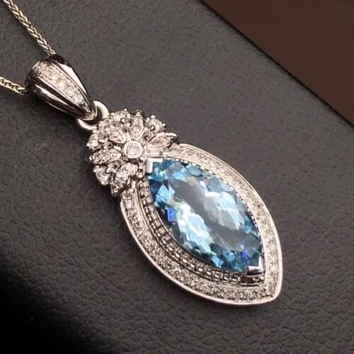 T110 Fine Jewelry 18K White Gold AU750 Natural Blue Aquamarine 1.84ct Gemstones Diamonds Ladys Pendants for Women Necklace