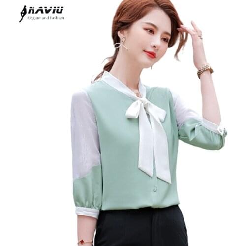 Light Green Bow Shirt Women Design 2021 Summer Casual Half Sleeve Chiffon High End Blouses Office Ladies Fashion Work Tops
