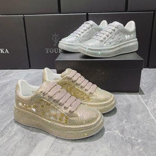 Platform Dad Shoes Chunky Sneakers Breathable Flat Skateboard Shoes Quality 2021 Women Summer Shoes Golden Silver Rhinestones