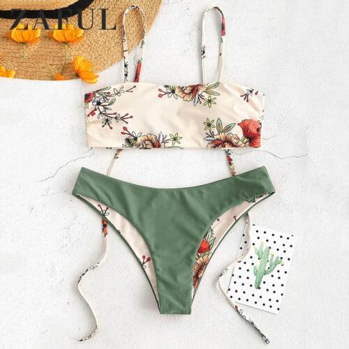 ZAFUL Bikini Floral Tie Shoulders Reversible Swimsuit Two Pieces Set Wire Free Women Swimwear Padded Vintage Swim Bathing Suit