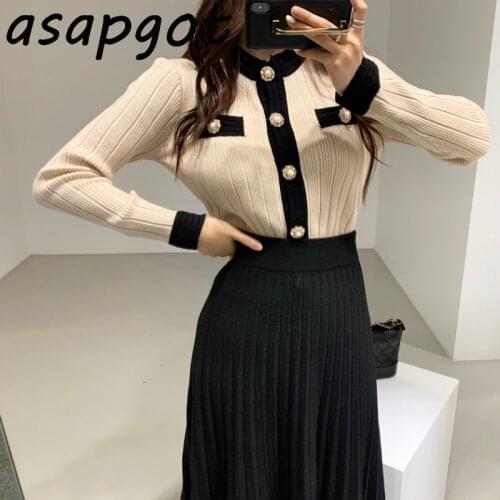 Chic French Autumn Winter New Womens Set 2 Pieces O Neck Full Slim Knitted Sweater Cardigan Coat Knitted Pleated Skirt Retro