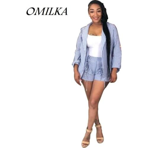 OMILKA 2018 Summer Women Long Sleeve O Neck Striped Printed Blazer and Shorts Set Casual Blue Party OL 2 Piece Clothing Set