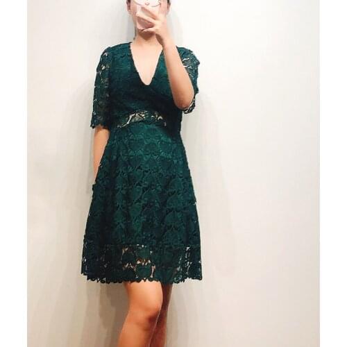 Patads single fashion dress solid color lace hook flower hollowed out V-neck lady autumn and winter ro00626