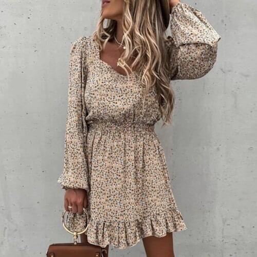 Women Vintage Square Collar Ruffle Mini Dresses Floral Print Long Puff Sleeve Party Dresses Autumn Elegant Female Dress Vestidos