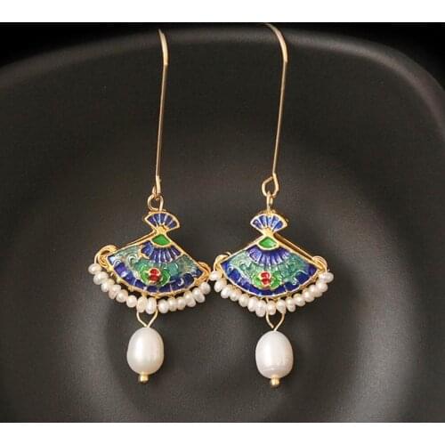 100% Freshwater Pearl Drop Earrings For Women Hook Dangle Earring Handmade Femme Fashion Jewelry Chinese Fans Shape Ethnic Style