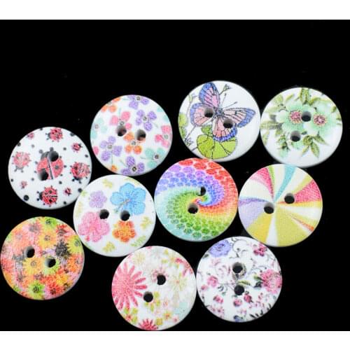 100PCS 15MM Colorful Strip and Flower Print 2 Holes Wooden Buttons for Sewing Scrapbooking Crafts DIY Clothing Accessories