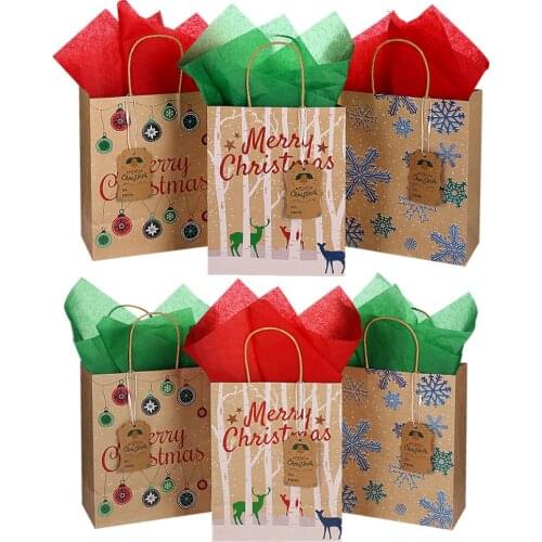 PRETYZOOM 6pcs Christmas Kraft Paper Bags Portable Thicken Christmas Gift Bags with Carry Handle Xmas Goody Bags with Assorted