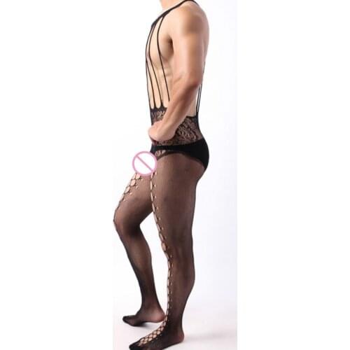 Husband Bodysuit Sleepwear Man Sexy Bodystockings Mens Fishnet Open Crotch Catsuit Mesh Tights Lingerie Erotic Jumpsuit Teddies