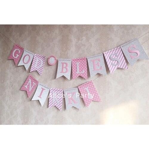 Custom Silver Glitter Paper God Bless Name Sparkly Pink Handmade Banner Kids Birthday Bunting 1st Party Christening Baptism Deco