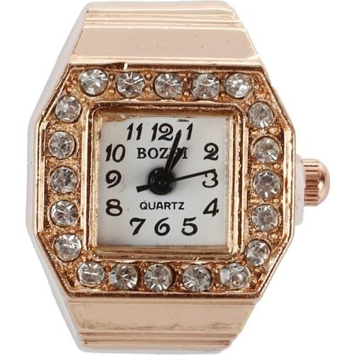 Square Dial Glitter Crystal Decor Elastic Band Finger Ring Watch Copper Tone for Lady