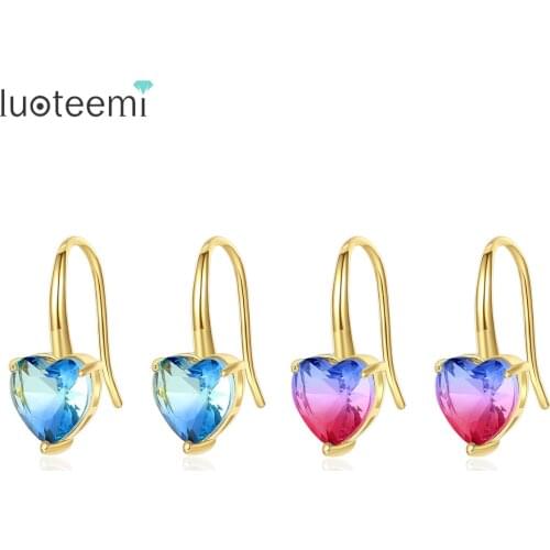 LUOTEEMI Bule or Multicolor Cubic Zirconia Heart Shape Stud Earrings for Girls Dating Party Gold Color Fashion Jewelry Gift