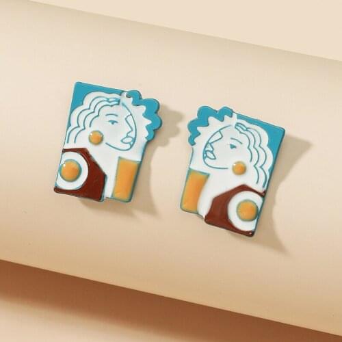 Exaggerated Blue Color Face Portrait Earrings Maya Sacrificial Pattern Graphic Studs Earrings Women Geometric Ear Stud Jewelry