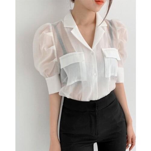Shirt short sleeve lapel, women Summer thin white shirt, trend, top with full sleeves