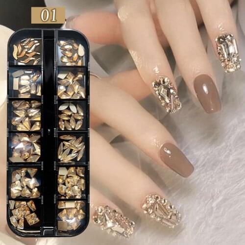 Nail Art Rhinestone 12 Grid Set Boxed Flat Bottom Shaped Rhinestone Colored Glass DIY 3D Nail Art Jewelry