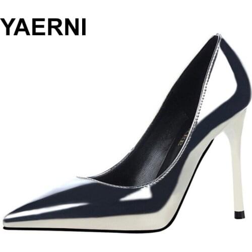 YAERNI HOT Bling Women Pumps High Heels 10CM PU Shallow Slip On Pointed Toe Single Office Shoes Stilettos Female Wedding Shoes