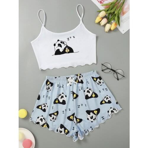 Ladys Sleeveless Crop Vest Elastic Waist Short Pants Pajama Set Cartoon Panda Print Camisole With Shorts Sleepwear Home Wear