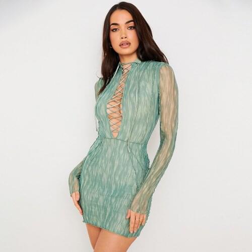 ZLDRESS Hollow Out Bandage Mesh Dress For Women Stand Collar Sexy Mini Dresses Womens Party Club Beach Holiday Vestidos